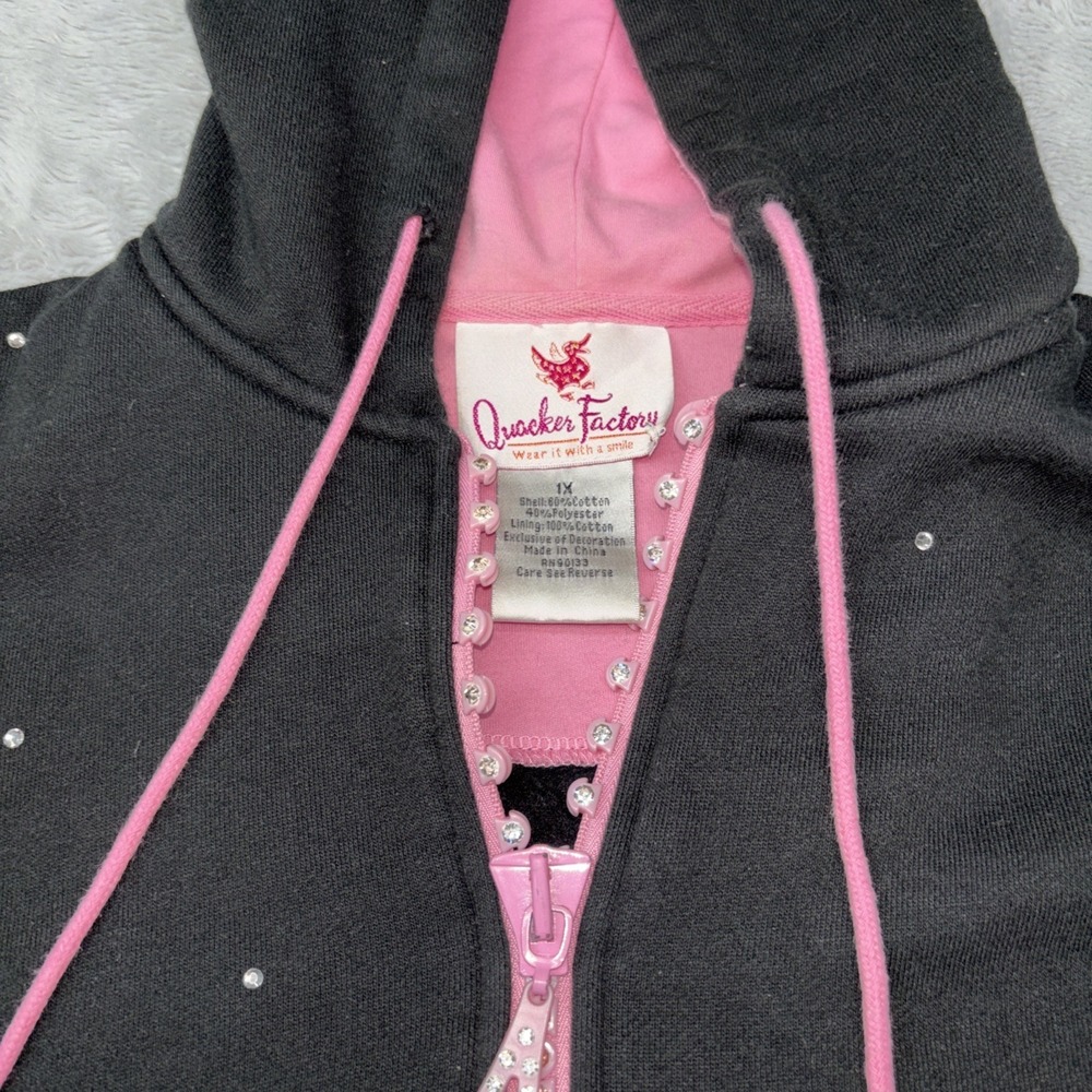 Quacker Factory Embellished Studded Full Zip Black/pink‎ Hoodie Womens XL - Picture 2 of 7